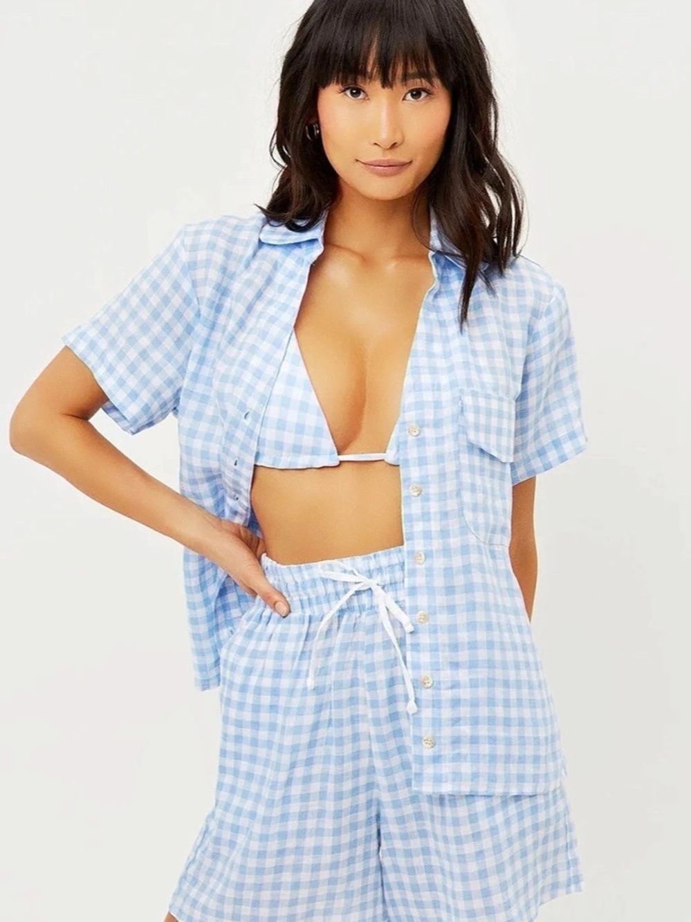 π FRANKIES BIKINIS Lou high waist linen gingham shorts in Bluebell blue size XS - Picture 5 of 7